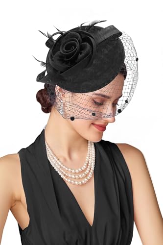 BABEYOND Fascinators Hats for Women Flower Veil Feather Pillbox Derby Hat - color: Black
