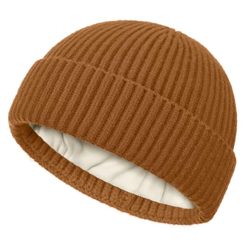 Fleece Lined Wool Short Fisherman Beanie Men Women Cuff Winter Hat - color: 1pc-camel
