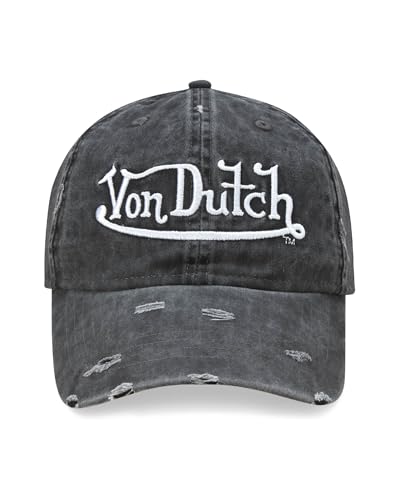 Von Dutch Unisex Cotton Canvas Baseball Cap, Curved Brim, Snapback - color: Black Distressed