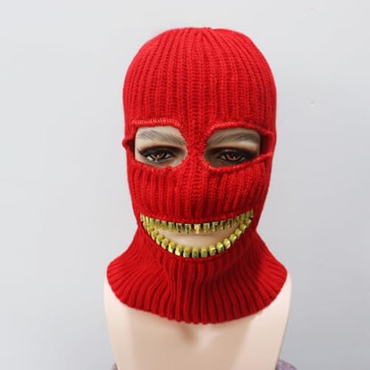 Ski Mask Knitted Full Face Cover Balaclava Knit Ski Thermal Knitted Head Wrap Winter Hat for Halloween Sports Cycling - color: Red Hat Gold Teeth