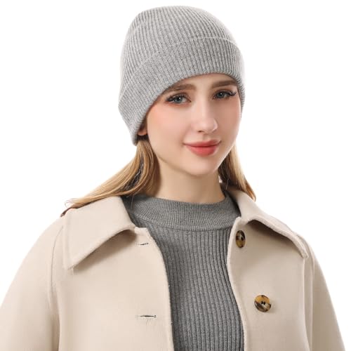100% Cashmere Beanie for Women and Men, Soft Warm Winter Knit Hat - color: Gray