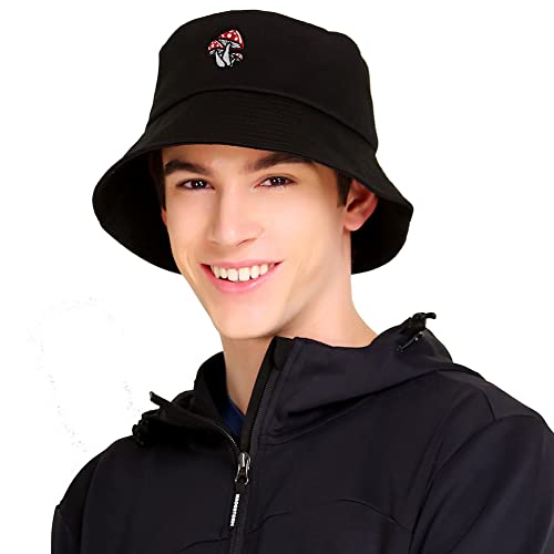 XYIYI Fashion Embroidery Bucket Hat Cotton Beach Fisherman Hats for Women Girls - color: Mushroom Black