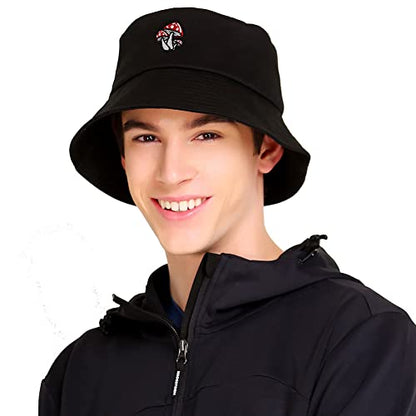 XYIYI Fashion Embroidery Bucket Hat Cotton Beach Fisherman Hats for Women Girls - color: Mushroom Black