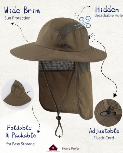 Home Prefer UPF 50+ Sun Hat with Neck Flap Wide Brim Fishing Hat for Men - color: Olive Brown