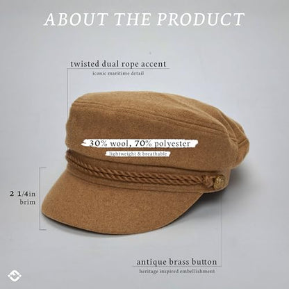 Funky Junque Greek Fisherman Newsboy Cap, Cotton Captains Bakerboy Hat - color: Wool - Camel