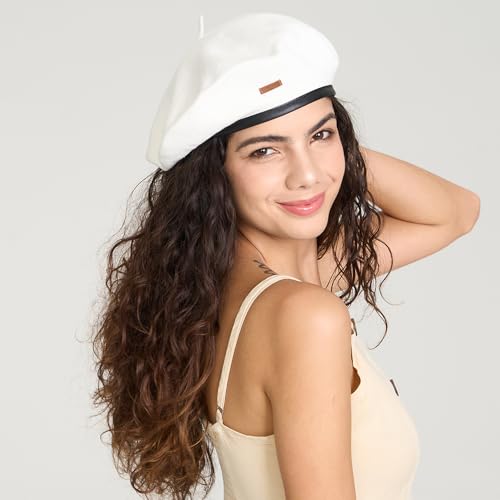 Cotton French Beret Hat for Men Women, Military Style Beret Cap with Leather Label & Drawstring, Casual Beanie - color: White