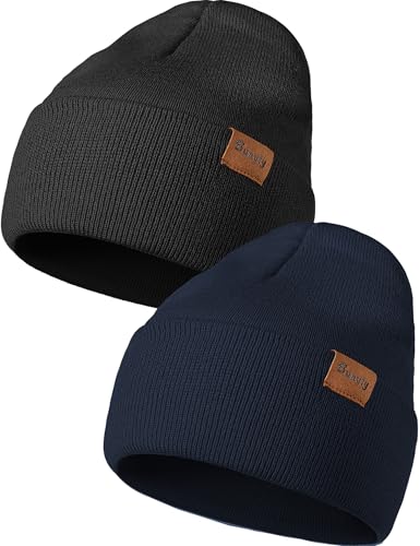 Beanie Hats for Men Women Knit Winter Hat, Warm Skull Stocking Cap, Striped Snow Hat Heated Cuffed Beanie - color: 2p-black+navy Blue