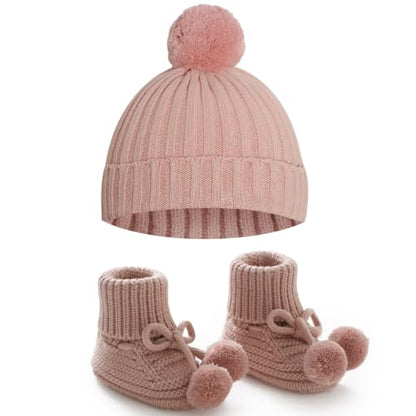 Baby Hats and Booties Set Newborn Knit Pompom Beanie Caps Shoes Winter - color: Pink
