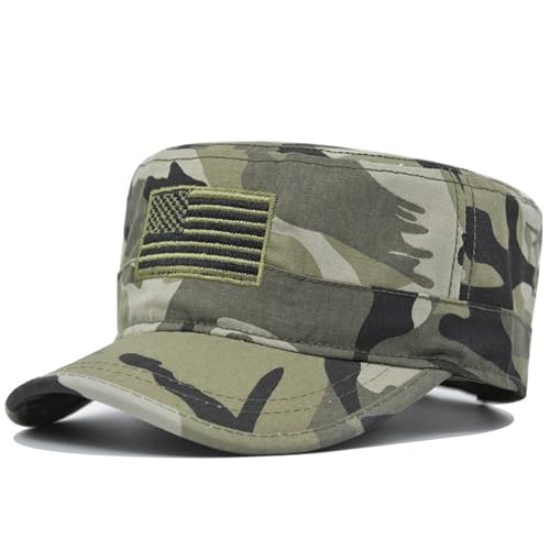 Cadet Army Cap for Men Women Military Adjustable Unisex Flat Top Hat - color: Flag Camo Green