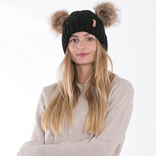 Arctic Paw Womens Winter Hat Cable Knit Beanie for Women Faux Fur Pompom Ears - color: Black _Grid