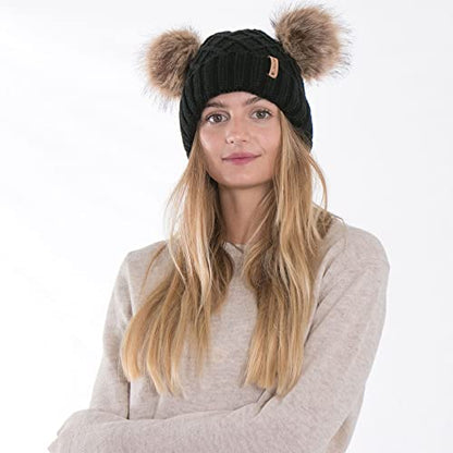 Arctic Paw Womens Winter Hat Cable Knit Beanie for Women Faux Fur Pompom Ears - color: Black _Grid