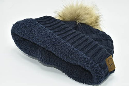 C.C Trendy Fuzzy Fleece Lined Warm Comfortable Soft Stretch Cable Knit Ribbed Faux Fur Pom Pom Beanie Hat - color: Navy Blue