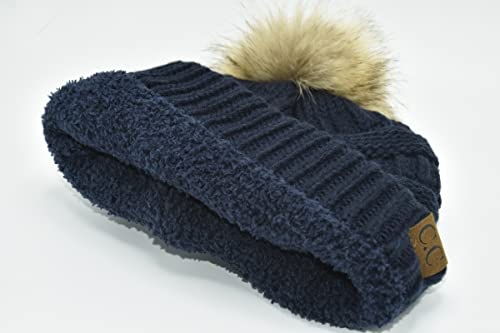 C.C Trendy Fuzzy Fleece Lined Warm Comfortable Soft Stretch Cable Knit Ribbed Faux Fur Pom Pom Beanie Hat - color: Navy Blue