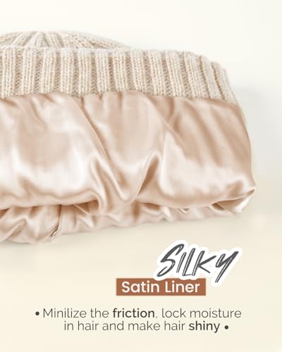 Hat Hut Wool Beanie Satin Lined Winter Hats Slouchy Beanie with Silk Lining Warm Wool Knit Ski Hat Cuffed Cap Women Men - color: Dark Beige