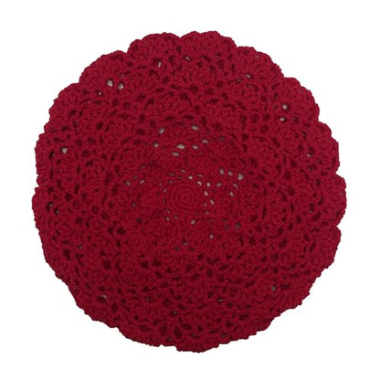 ZLYC Women Cotton Slouchy Crochet Beret Handmade Cutout Floral Beanie Hat - color: Crocheted Red