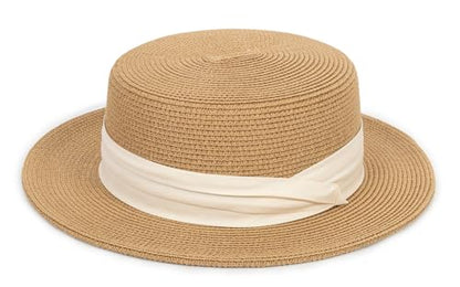 Straw Boater Summer Sun Hat - Wide Brim Fedora Panama Beach Hat for Women - color: Beige Band