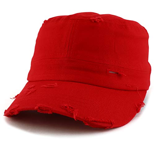 Armycrew Military Cadet Style Flat Top Distressed Vintage Cap - color: Red