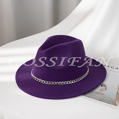 Women Men Wide Brim Fedoran Hat with Chain Belt Buckle - color: Purple