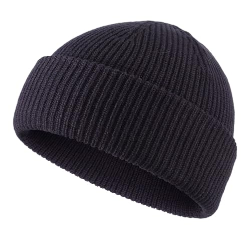 Connectyle Short Fisherman Beanie for Men Women Warm Winter Hats Knit Cuffed Beanies Skull Cap Acrylic Watch Hat - color: Navy Blue