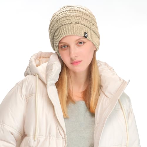 C.C Beanie Oversized Hat with Fuzzy Lining – Thick Knit Thermal Beanie for Cold Weather, Soft Warm Fleece Lined Cap - color: Beige