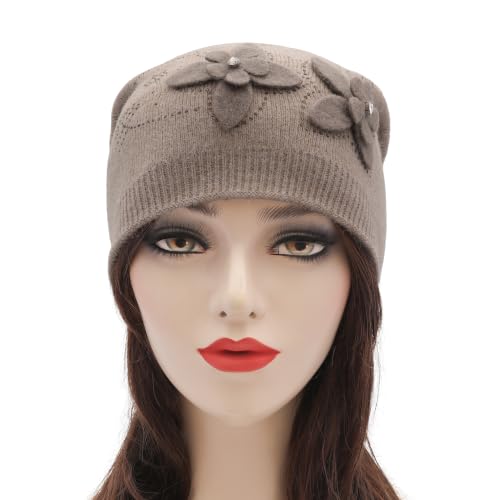 ZLYC Women Floral Slouchy Beanie Hat Double Layer Winter Knit Skull Cap - color: Dual Flowers Taupe