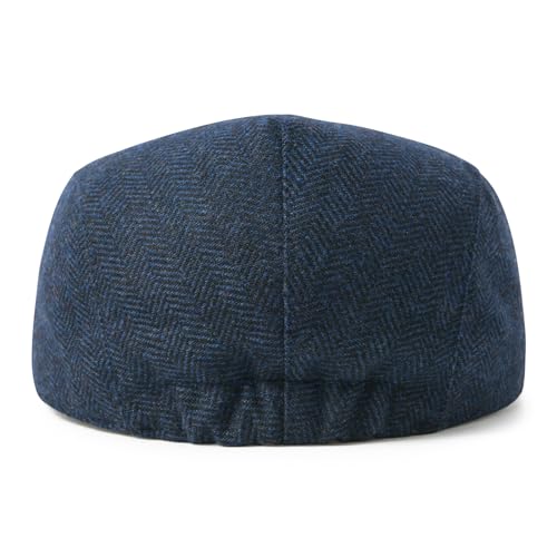 FEINION Men Wool Blend Flat Cap Tweed Newsboy Ivy Hat - color: Herringbone Navy