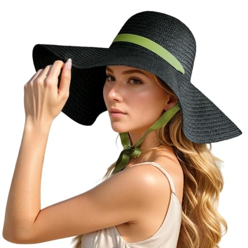 Oversized Beach Straw Hats for Women Floppy, Extra Large Sun Visor Hat Wide Brim Summer Roll Up Big Beach Hat Women Foldable - color: Diameter 50cm Black-1