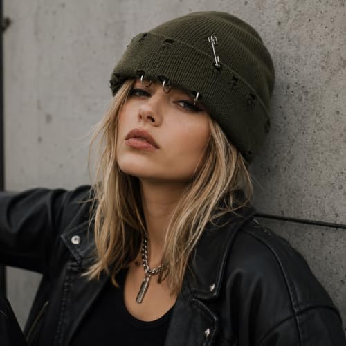 Distressed Ring Beanie Hat for Women Men Slouchy Skull Cap - color: Army Green