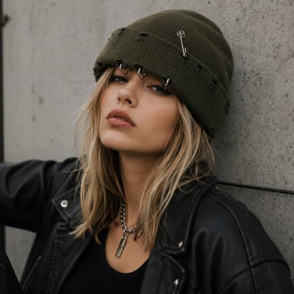 Distressed Ring Beanie Hat for Women Men Slouchy Skull Cap - color: Army Green