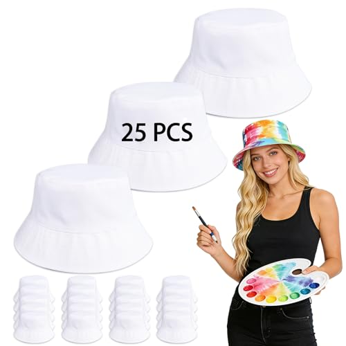 Bucket Hats Bulk Solid Color DIY Blank Hat Bucket Hats for Men, Women and Adults - color: 25 Pcs White