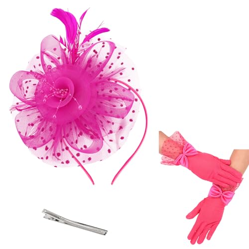Womens Fascinators Hats and Gloves Set Short Lace Gloves Tea Party Flower Mesh Hair Clips - color: Hot Pink
