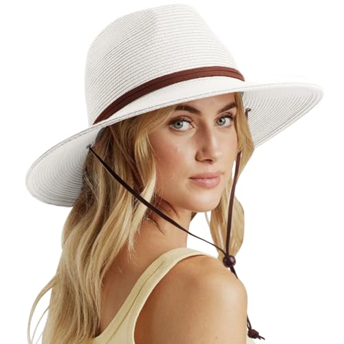 DRESHOW Womens Summer Straw Sun Hat Wide Brim Bucket Hats Fedora Hat Panama Beach Hat with Chin Strap UPF 50+ - color: 1 Pc Panama Fedora: White