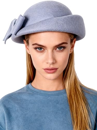 Women Wool Felt Ribbon French Fashion Vintage Millinery Beret Hats Top Cap Ladies Party Wedding Fedoras Chapeau - color: Haze Blue 1