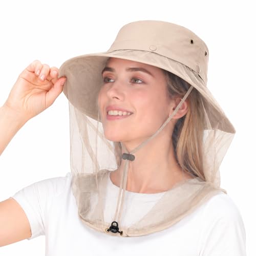 Wide Brim Bucket Sun Hat with Concealable Mosquito Mesh, Adjustable Chin Strap for Fishing, Gardening, Hiking & Camping - color: Beige