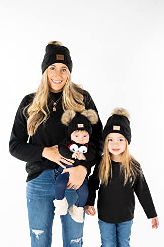 Funky Junque Mommy & Me Double Pom Beanies 3-Pack Matching Winter Hats for Mom, Toddler & Infant Girls, Cozy Knit Family Set - color: Adult/Toddler (Single Pom)/Infant (Double Pom) - Diagonal Stripes - Black (3 Pack)