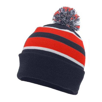 Pacific Headwear Unisex Adult Pacific Headwear Knit Fold Over Pom-pom Beanie - color: Navy/Red/White, size: One Size