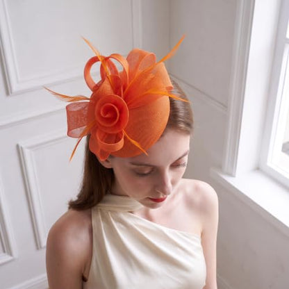Flower Fascinator Hat Headband Clip for Women Tea Party - color: Orange-02