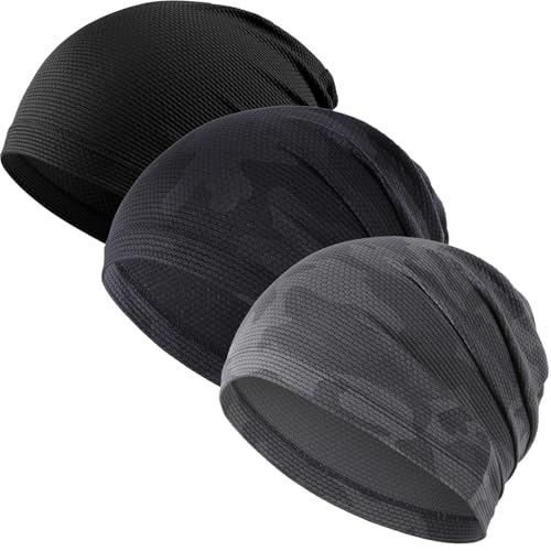 WTACTFUL 3-Pack Breathable Cooling Skull Cap for Men Women Thin Beanie - color: Black+camoblack+camogray