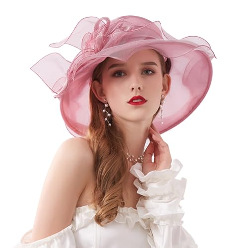 AQOKKA Women Organza Church Fascinators Kentucky Derby Hats for Women and Girls Wedding Flower Tea Party Hat with Wide Brim - color: Simulated Flower : Light Pink
