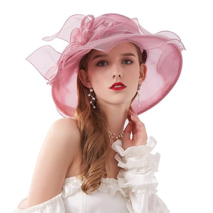 AQOKKA Women Organza Church Fascinators Kentucky Derby Hats for Women and Girls Wedding Flower Tea Party Hat with Wide Brim - color: Simulated Flower : Light Pink