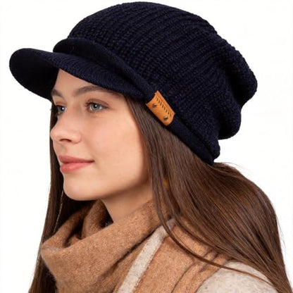 Winter Beanie with Visor - Stylish Knit Hat with Bill - Thick Brimmed Beanies with Fleece Lining Men and Women - color: B326-blue