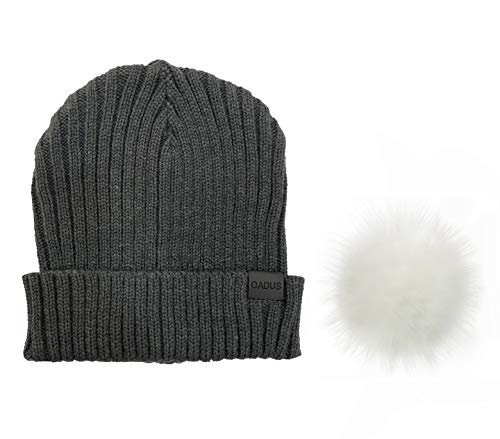 Women's Slouchy Winter Beanie Hat with Removable Faux Fur Pom - color: Charcoal/White Pom