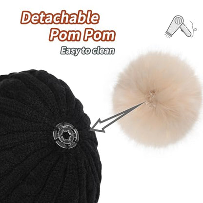 ZLYC Kids Girls Boy Winter Hat Cotton Lined Pom Pom Beanie Earflap Knit Cap - color: Solid Black