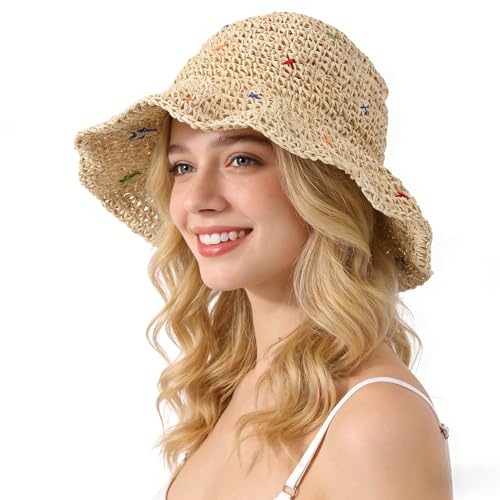 Womens Beach Straw Hats Floppy Wide Brim Crotchet Sun Hat Foldable Packable Summer Outdoor Vacation Travel - color: Beige 3