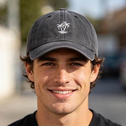 Plam Trees Hats Embroidered Washed Cotton Baseball Cap for Men Women Distressed Black Snapback Baseball Hat Adjustable - color: Plam Tree
