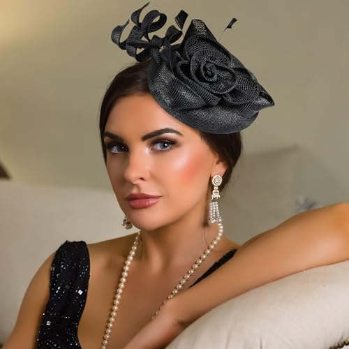 Zinniday 2026 Victoria Derby Fascinator - Kentucky Church Hats 1920s 50s Vintage Tea Party Hat with Hair Clip for Women - color: Black