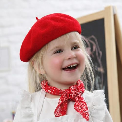 Wheebo Berets for Kids Wool French Beret Hats Artist Painter Hats for Little Girls Boys Solid Color Style - color: Red