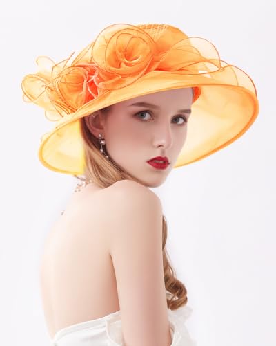 Women Derby Fascinator Hat Organza Church Wedding Hats Wide Brim Cocktail Tea Party Hat - color: 12 Orange