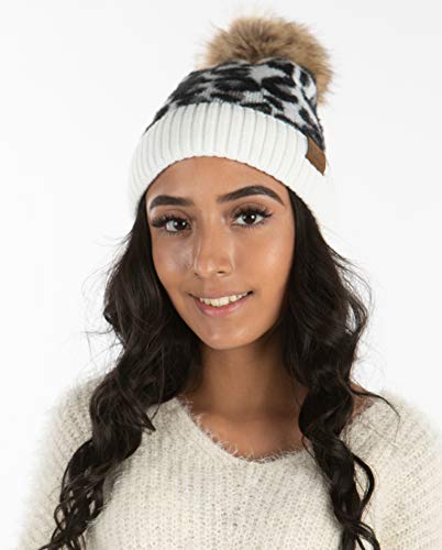 Funky Junque Women’s Pom Pom Beanie – Soft Knit Winter Hat for Women & Teens, Leopard & Zebra Fashion Animal Print Beanies - color: Leopard - Ivory