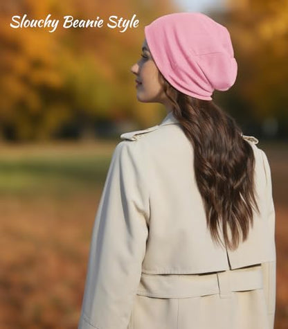 Slouchy Beanie for Women Men Thin Knit Winter Hat 93% Cotton Beanies - color: Pink